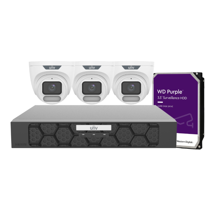 Uniview OWLVIEW 4K Surveillance Kit with 4x 8MP ColorHunter Turret Cameras and 4-Channel Ultra 265 PoE NVR with HDD – IPC3628LE-ADF28K-WP + NVR501-04B-P4-IQ