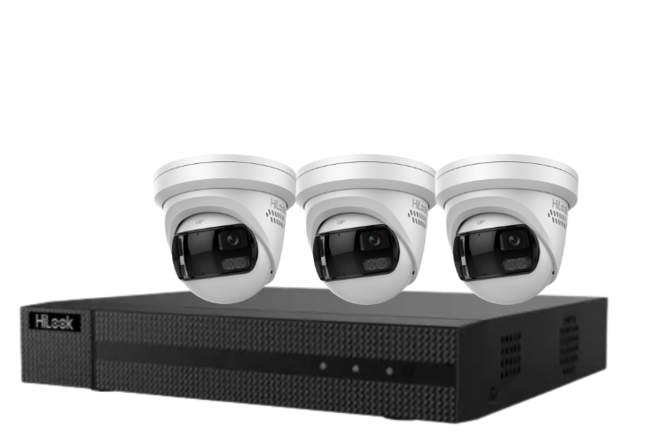 HiLook 4-Channel CCTV Kit with IPC-T289PH-MU/SL 8MP 180° Panoramic Cameras + 4K PoE NVR + HDD – IP67 Outdoor Surveillance System with Smart IR, Two-Way Audio & Deterrence