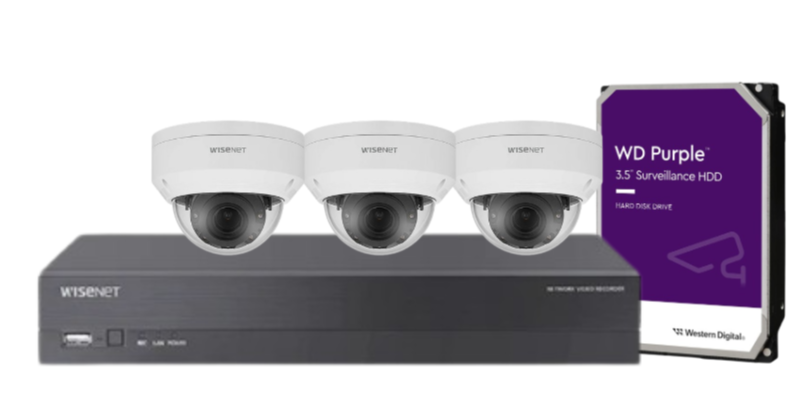 Wisenet Hanwha x4 Camera CCTV Kit with 4 Channel 8MP NVR A series, 4MP Vandal Dome Cameras + HDD – CT-ANV-L7012R / CT-ARN-410S