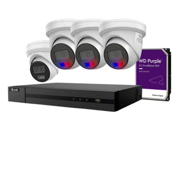 HiLook 6MP AI Fixed Turret CCTV Kit with Dual Microphone, Strobe Light, and 4K PoE NVR – IPC-T269H-MU/SL, IPC-T361H-MU-AUS, NVR-108MH-C/8P, NVR-104MH-C/4P