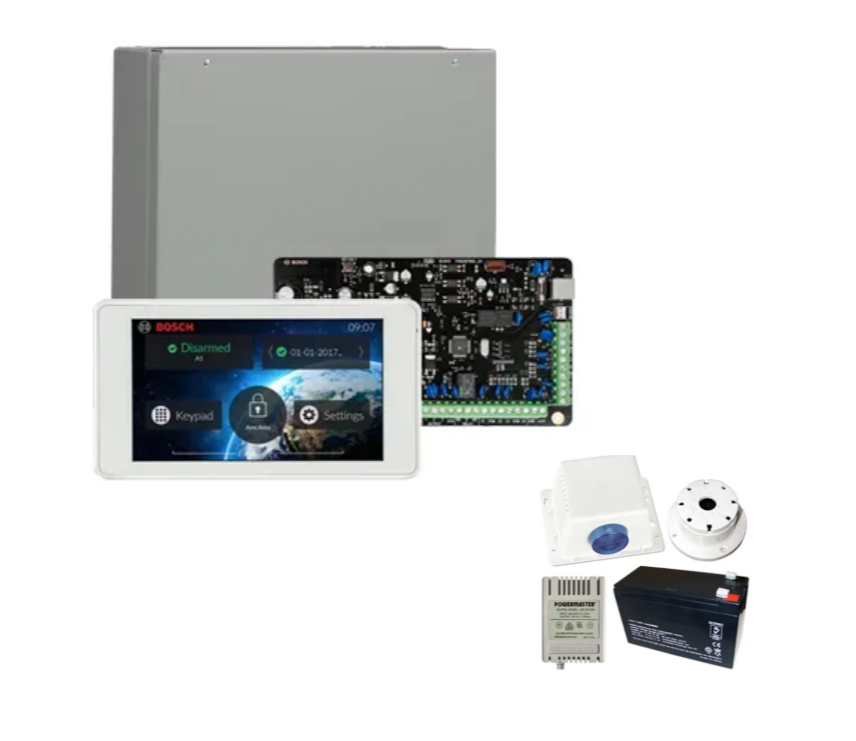 Bosch Solution 4000 Alarm Kit with ICP-SOL4-P Control Panel, IUI-SOL-TS5 Touchscreen Keypad & MW400 Cabinet – Siren Kit Included – K4000-ND-TS5