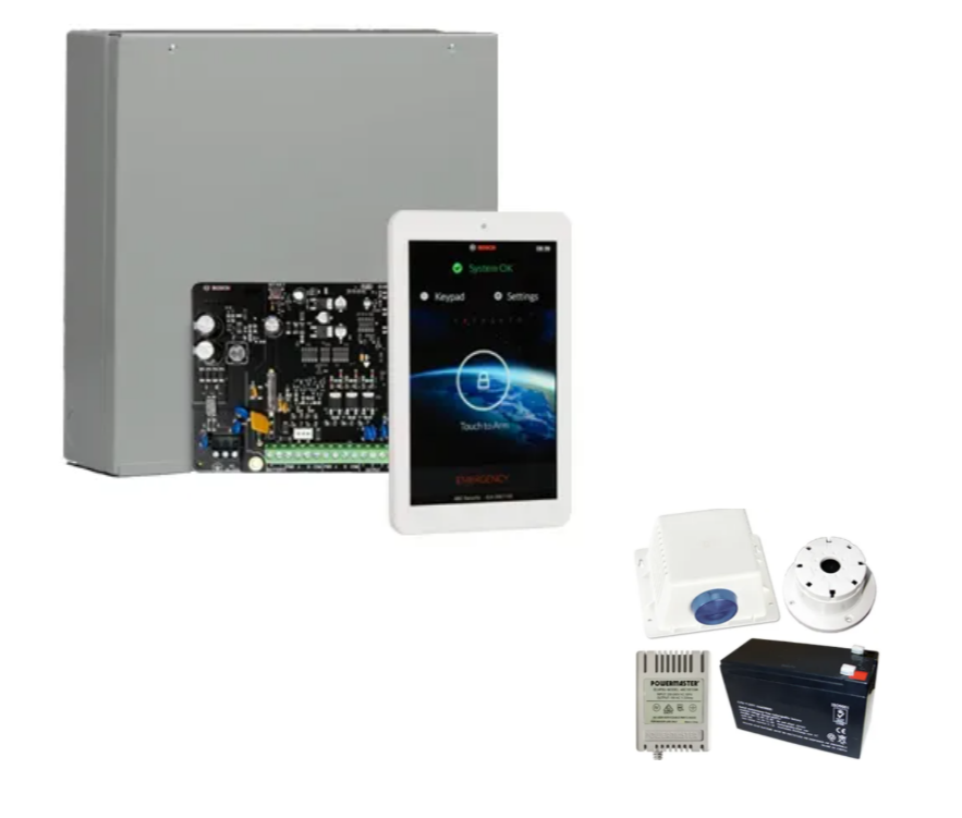 Bosch Solution 4000 Alarm Kit with ICP-SOL4-P Panel, IUI-SOL-TS7 Touchscreen Keypad & MW400 Cabinet – Siren Kit Included – K4000-ND-TS7