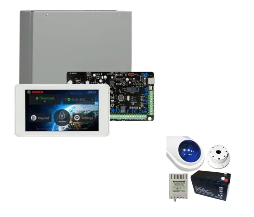 Bosch Solution 4000 Alarm Kit with ICP-SOL4-P Control Panel, IUI-SOL-TS5 Touchscreen Keypad & MW400 Cabinet – Siren Kit Included – K4000-ND-TS5