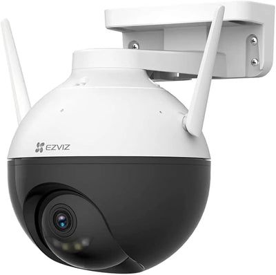 EZVIZ CS-C8W 4MP outdoor Wi-Fi security camera with pan-tilt, AI human detection, night vision, two-way audio, weatherproof design.