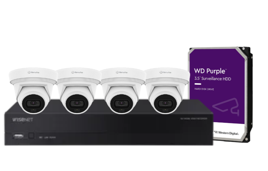 Hanwha Vision x4 Q-Core 8MP AI FlatEye Camera Kit with 4-Channel NVR & HDD – HV-QNE-C9013RLOS