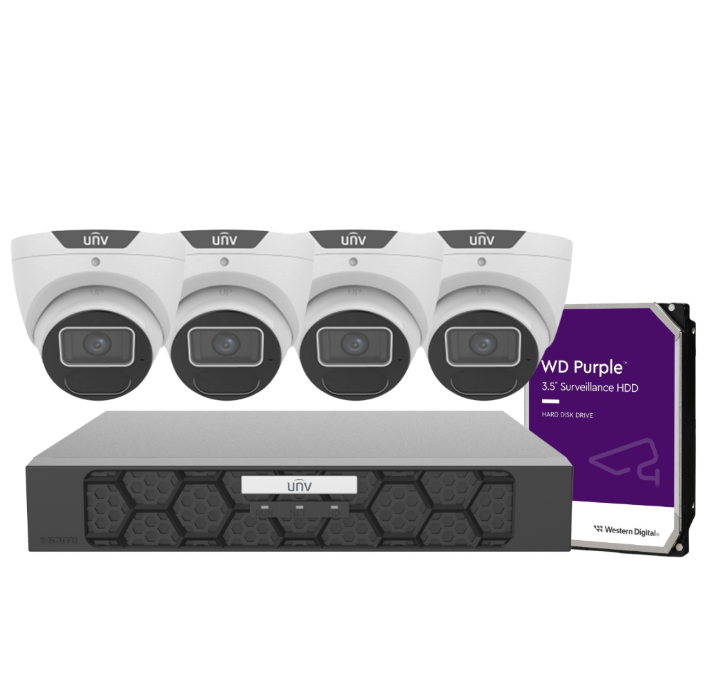 Uniview CCTV 8MP Kit – 4× IPC3618SS‑ADF28K‑I1 Turret Cameras + 4‑Channel Ultra265 PoE NVR（NVR501‑04B‑P4‑IQ）, Includes HDD