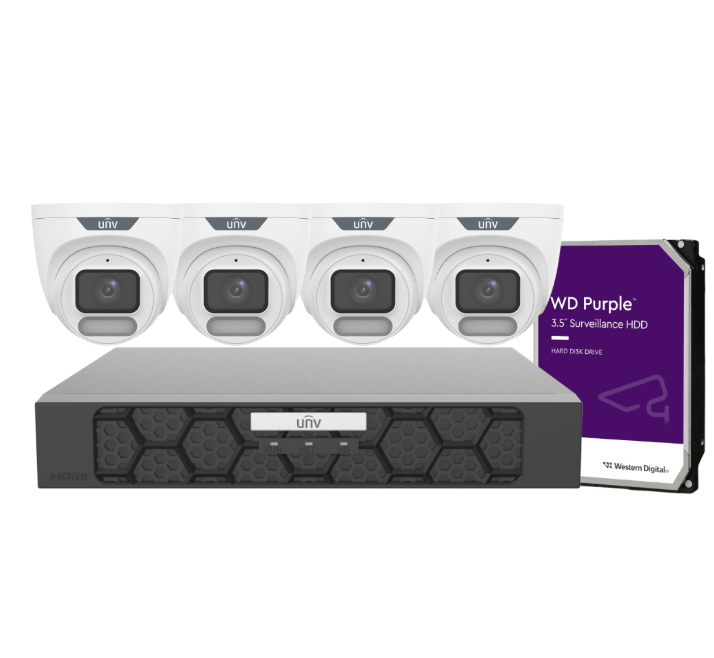 Uniview OWLVIEW 4K Surveillance Kit with 4x 8MP ColorHunter Turret Cameras and 4-Channel Ultra 265 PoE NVR with HDD – IPC3628LE-ADF28K-WP + NVR501-04B-P4-IQ