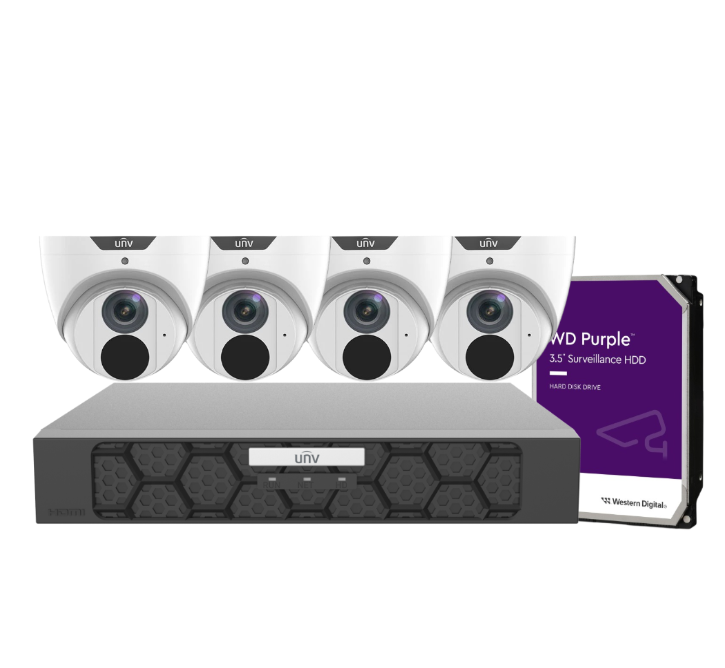 Uniview 4× IPC3618LE‑ADF28K‑GM 8MP Cameras + NVR501‑04B‑P4 4-Channel 4K PoE Recorder with HDD – Premium Surveillance Kit for Australia