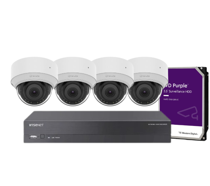 Hanwha Wisenet 4‑Camera CCTV Kit with 5 MP QND‑C8013R AI Dome Cameras & 4‑CH CT‑XRN‑420S PoE AI NVR (HDD Included)