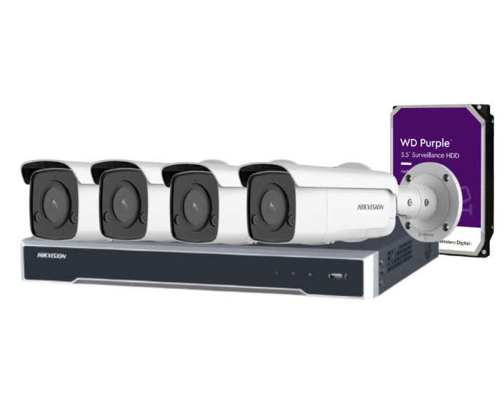 Hikvision 4-Channel CCTV Kit with 4 DS-2CD2T86G2-ISU/SL 8MP AcuSense Cameras + DS-7604NI-M1/4P PoE NVR + HDD – Built-in Strobe & Audio Alarm, DarkFighter, IP66