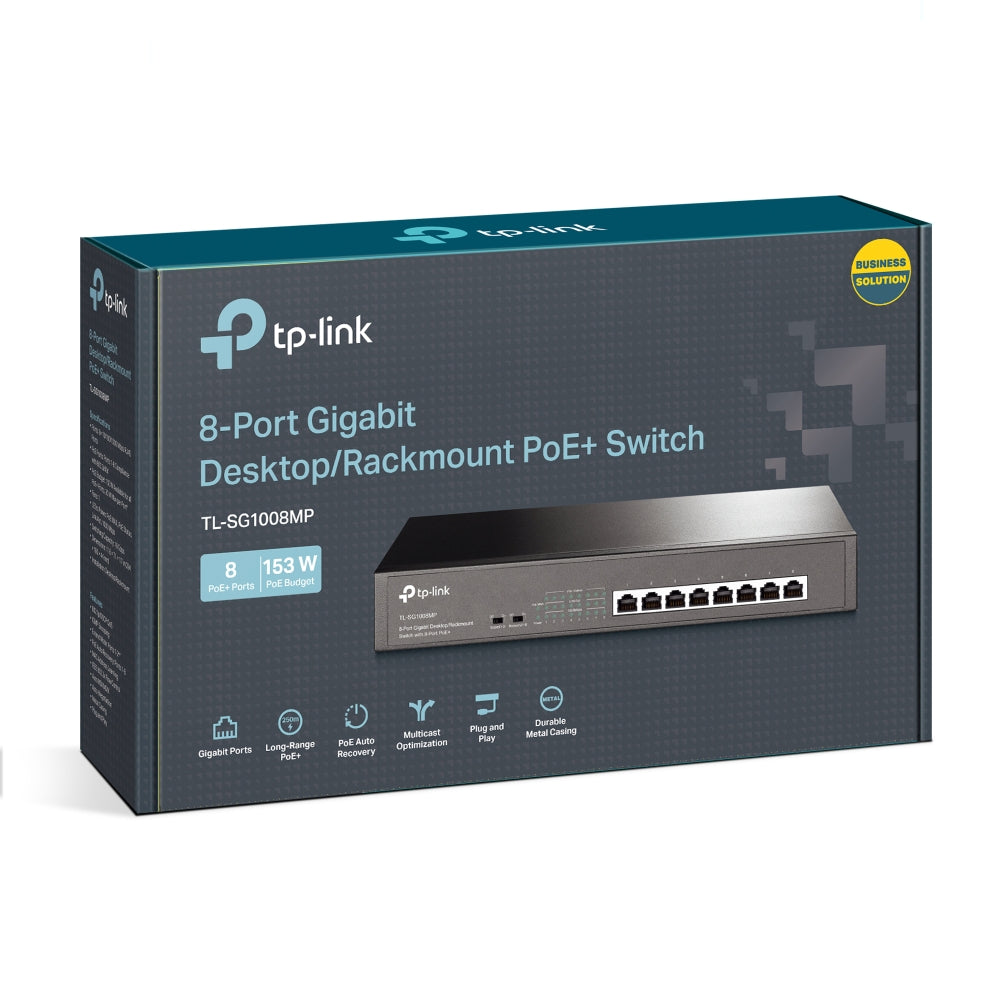 TP-Link TL-SG1008MP 8-Port Gigabit Desktop/Rackmount Switch with 8 PoE+ Ports, 153W Budget, Extend Mode, PoE Auto Recovery – Ideal for SMB, Surveillance, and Smart Home Networks