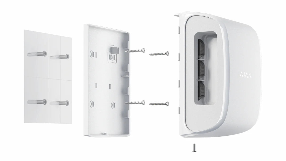Ajax SmartBracket mounting panel for outdoor dual-curtain alarm detectors, white, secure outdoor detector mount for Ajax alarm systems.