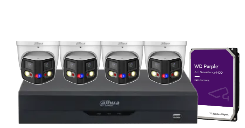 Dahua x4 8MP AI Full-Colour 180° TIOC Duo CCTV Kit with 4-Channel PoE NVR, Dual-Lens WizSense Cameras, and HDD – DH-IPC-PDW3849-A180-AS-PV-ANZ-1