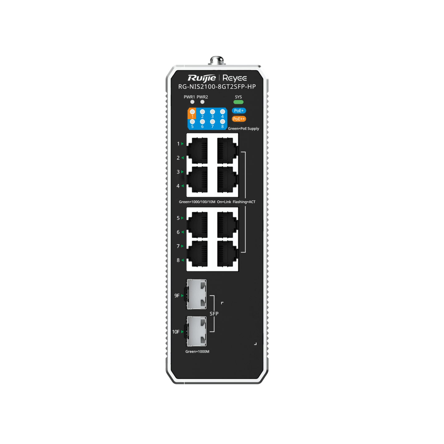 RG-NIS2100-8GT2SFP-HP 10-Port Cloud Managed Industrial Switch – 1 PoE++ Port, 7 PoE+ Ports, 2 SFP Uplinks, 90W PoE Output, Industrial-Grade