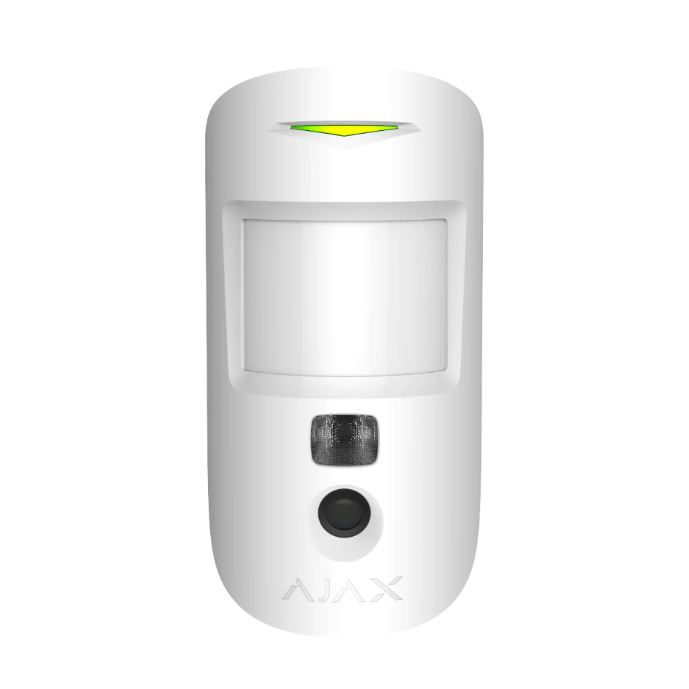 Ajax MotionCam Jeweller wireless PIR motion detector in white or black for home security alarm systems, mounted on wall.