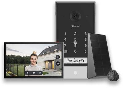 EZVIZ EP7 smart home video doorphone with 7-inch touchscreen, solar-powered, 2K video, Wi-Fi connectivity, and remote unlock.