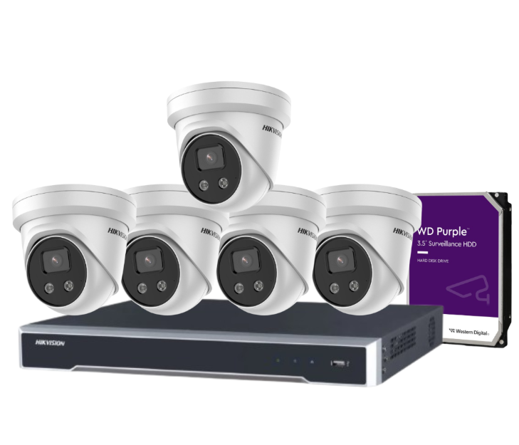 Hikvision 8-Channel CCTV Kit with 8 DS-2CD2386G2-ISU/SL 8MP AcuSense Turret Cameras + DS-7608NI-M2/8P 8K PoE NVR + HDD – Active Deterrence, DarkFighter, H.265+ Compression