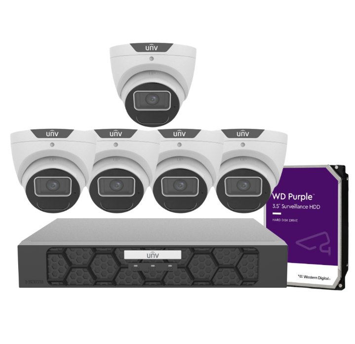 Uniview CCTV 8MP Kit – 8× IPC3618SS‑ADF28K‑I1 Turret Cameras + 8‑Channel Ultra265 PoE NVR（NVR501‑08B‑P8‑IQ）, Includes HDD