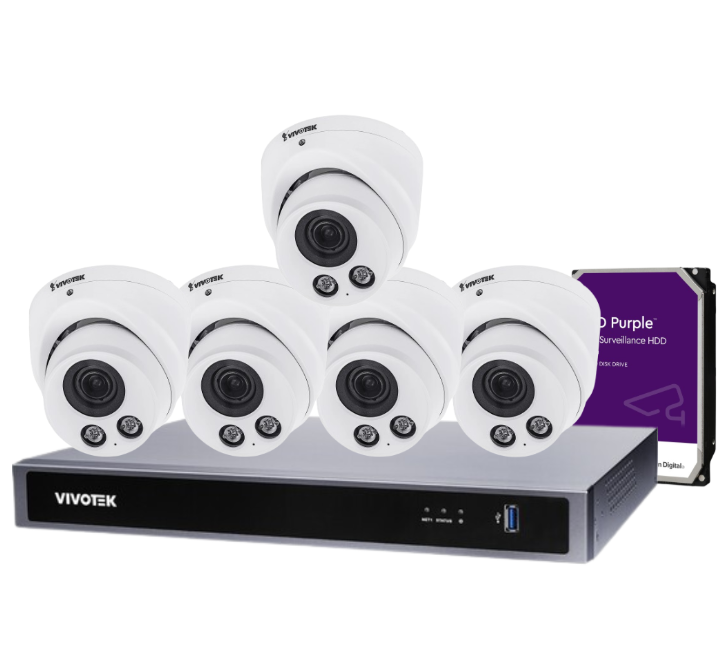VIVOTEK IT9388-HT 8-Camera 5 MP Turret Dome CCTV Kit with ND9326P 8-Channel Core+ AI PoE NVR + HDD