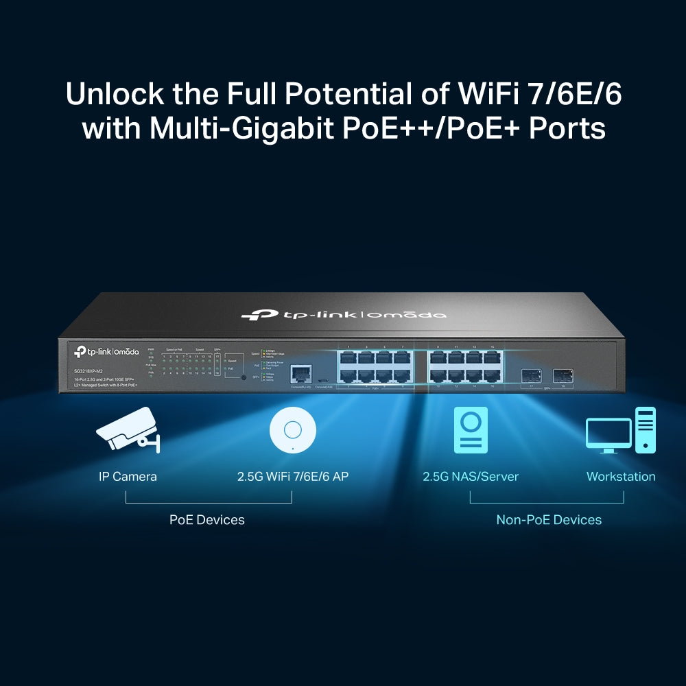 TP-Link SG3218XP-M2 – Omada 16-Port 2.5G and 2-Port 10GE SFP+ L2+ Managed Switch with 8-Port PoE+