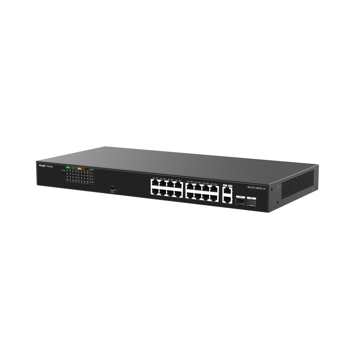 RG-ES118FGS-LP 16-Port 10/100 Mbps + 2-Port Gigabit Unmanaged PoE Switch – Fanless, High-Performance, Ideal for Surveillance & Small Business Networks