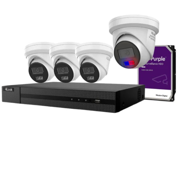 HiLook 6MP AI Fixed Turret CCTV Kit with Dual Microphone, Strobe Light, and 4K PoE NVR – IPC-T269H-MU/SL, IPC-T361H-MU-AUS, NVR-108MH-C/8P, NVR-104MH-C/4P