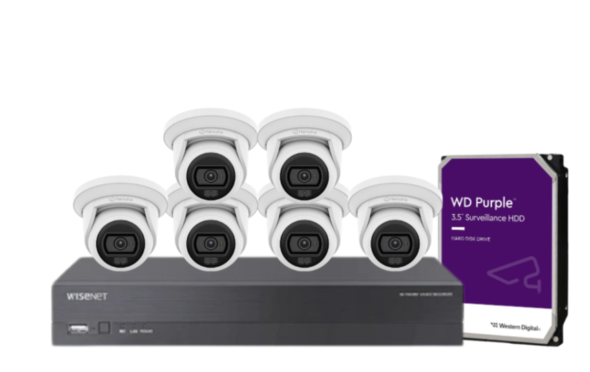 Wisenet Hanwha x8 Camera CCTV Kit with 8 Channel 8MP NVR, 4MP Flateye Cameras A Series + HDD – CT-ANE-L7012L / CT-ARN-810S