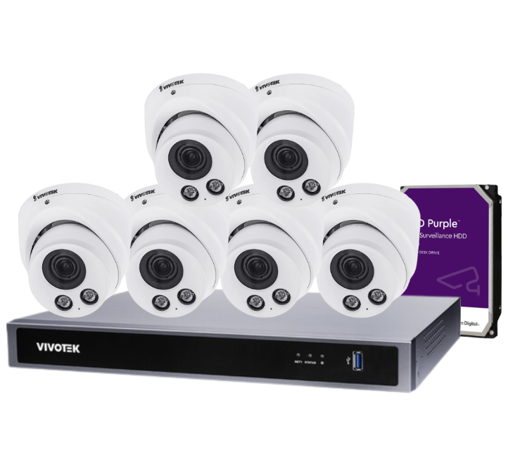 VIVOTEK IT9388-HT 8-Camera 5 MP Turret Dome CCTV Kit with ND9326P 8-Channel Core+ AI PoE NVR + HDD