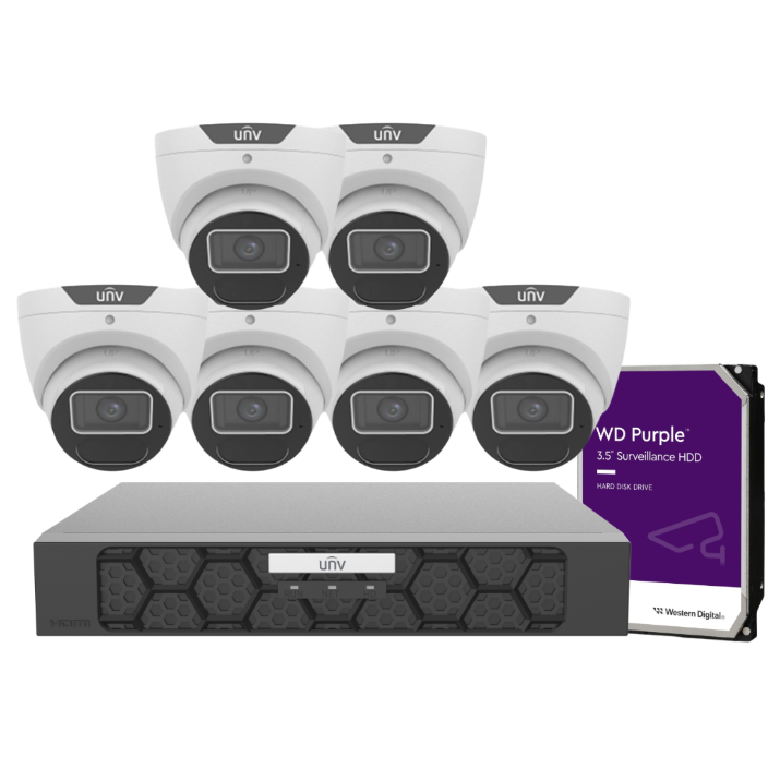 Uniview CCTV 8MP Kit – 8× IPC3618SS‑ADF28K‑I1 Turret Cameras + 8‑Channel Ultra265 PoE NVR（NVR501‑08B‑P8‑IQ）, Includes HDD