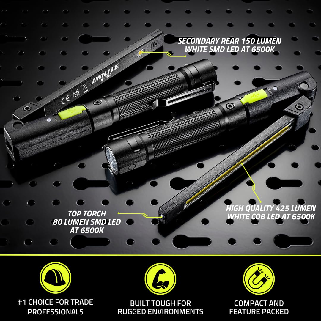 Unilite IL-425R Folding Inspection Rechargeable LED Light | 425 Lumens, Magnetic Base, Pocket Clip, Heavy-Duty, USB-C Fast Charging