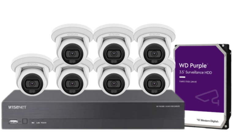 Wisenet Hanwha x8 Camera CCTV Kit with 8 Channel 8MP NVR, 4MP Flateye Cameras A Series + HDD – CT-ANE-L7012L / CT-ARN-810S