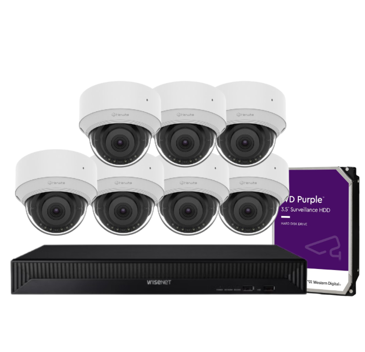 Hanwha Wisenet 8‑Camera CCTV Kit with 5 MP QND‑C8013R AI Dome Cameras & 8‑CH XRN‑815S PoE+ AI NVR (HDD Support)