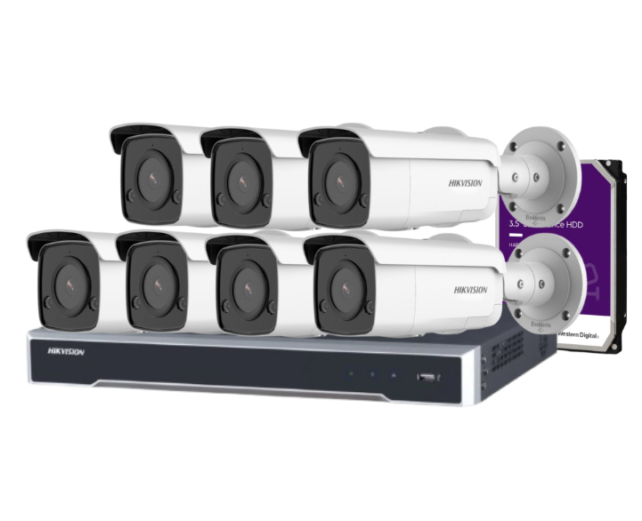Hikvision 8-Channel CCTV Kit with 8 DS-2CD2T86G2-ISU/SL 8MP AcuSense Cameras + DS-7608NI-M2/8P 8K PoE NVR + HDD – Strobe Light, Audio Alarm, DarkFighter, IP66