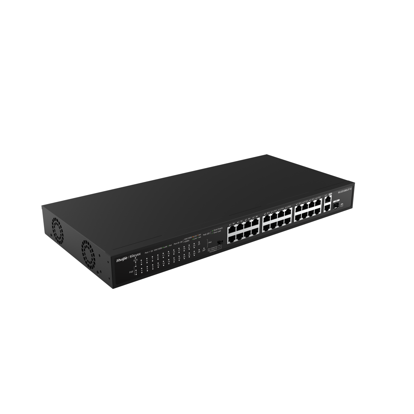 Ruijie RG-ES126S-LP V2, 24-Port 10/100 Mbps with 2-Port Gigabit Rackmount PoE Switch