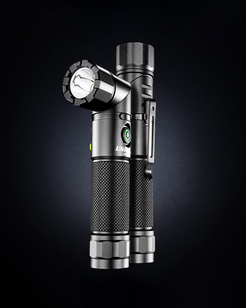 UNILITE FR-1200 Dual Power Right Angle Flashlight – 1200 Lumens, Rotating Head, Magnetic Base, Pocket Clip, IP65, USB-C Rechargeable, Black Aluminium