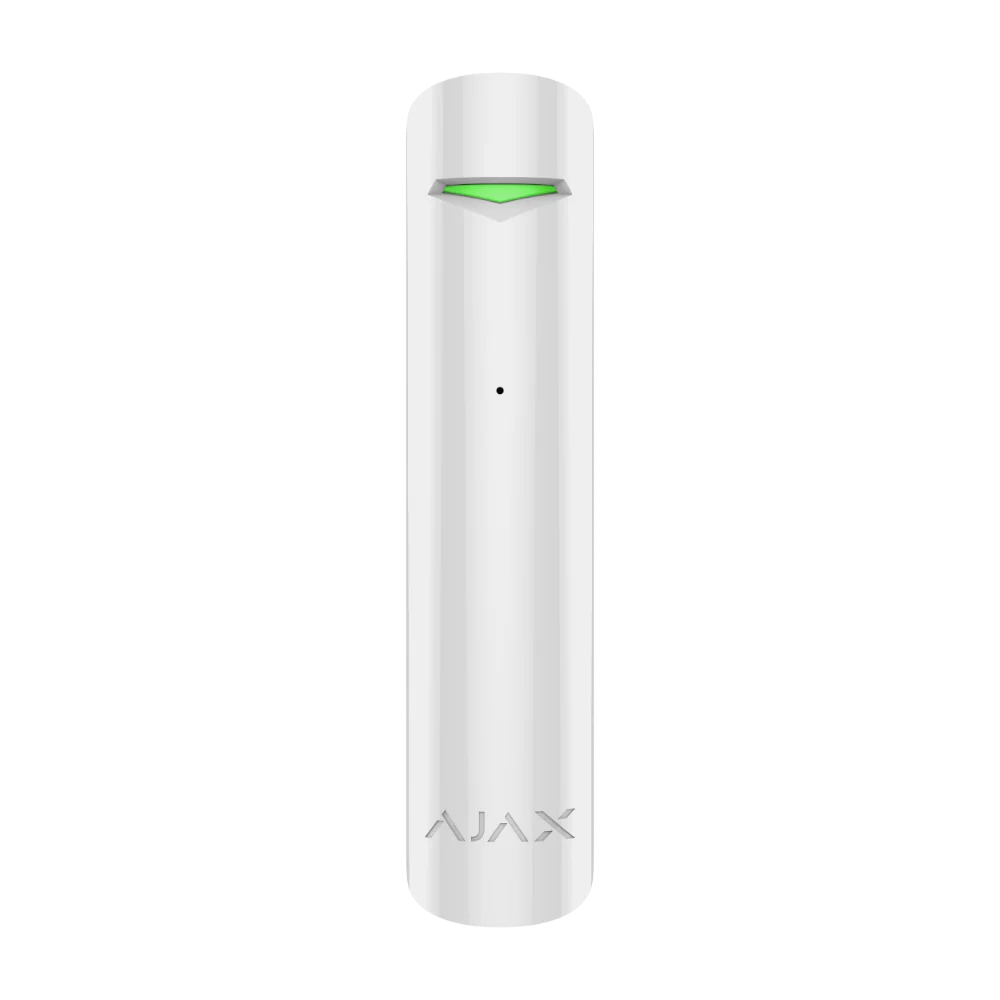 Ajax GlassProtect Jeweller wireless glass break detector in white and black, indoor acoustic sensor for security alarms.