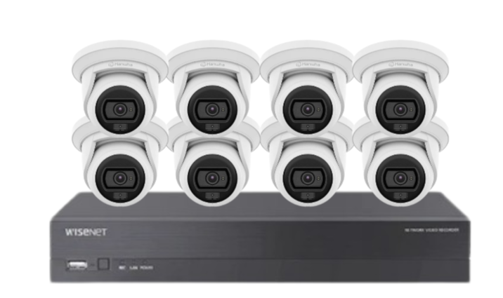 Wisenet Hanwha x8 Camera CCTV Kit with 8 Channel 8MP NVR, 4MP Flateye Cameras A Series + HDD – CT-ANE-L7012L / CT-ARN-810S
