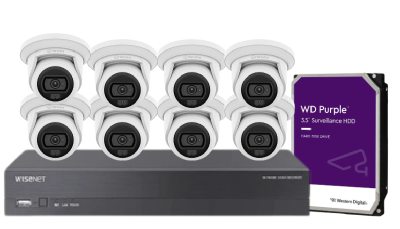 Wisenet Hanwha x8 Camera CCTV Kit with 8 Channel 8MP NVR, 4MP Flateye Cameras A Series + HDD – CT-ANE-L7012L / CT-ARN-810S
