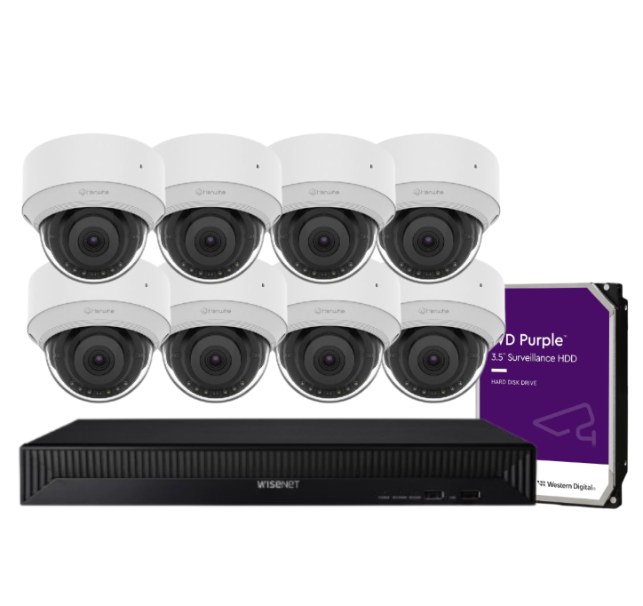 Hanwha Wisenet 8‑Camera CCTV Kit with 5 MP QND‑C8013R AI Dome Cameras & 8‑CH XRN‑815S PoE+ AI NVR (HDD Support)