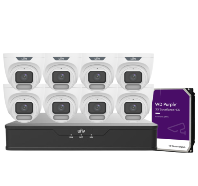 Uniview OWLVIEW 8MP 4K CCTV Kit – 8x Turret Cameras + 8-Channel PoE NVR with HDD | IPC3628LE-ADF28K-WP + NVR301-08B-P8-IQ