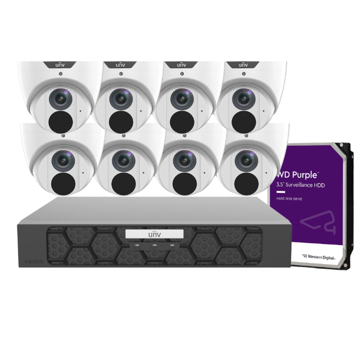Uniview 8× IPC3618LE‑ADF28K‑GM 8MP Cameras + NVR501‑08B‑P8‑IQ 8-Channel 4K PoE Recorder with HDD – Advanced 4K Surveillance Kit for AU/NZ