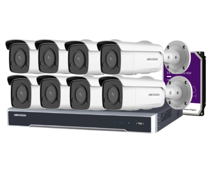 Hikvision 8-Channel CCTV Kit with 8 DS-2CD2T86G2-ISU/SL 8MP AcuSense Cameras + DS-7608NI-M2/8P 8K PoE NVR + HDD – Strobe Light, Audio Alarm, DarkFighter, IP66
