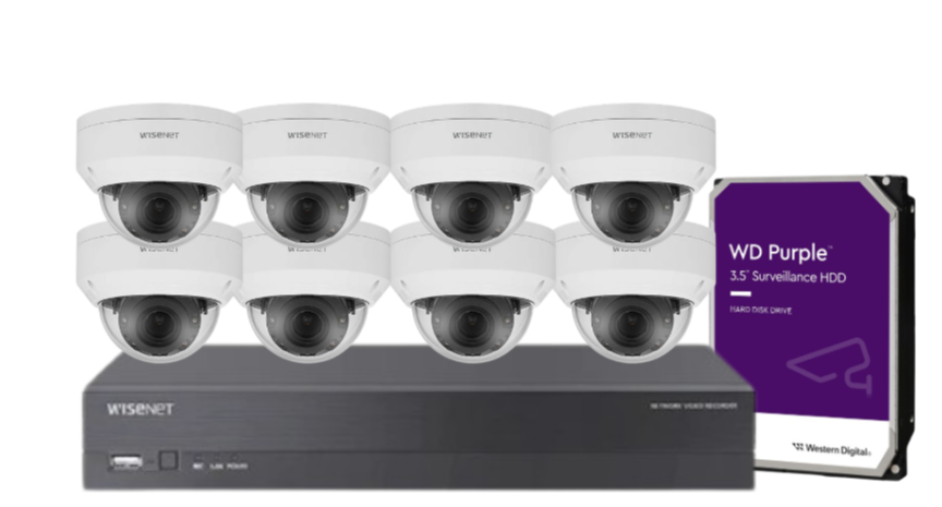 Wisenet Hanwha x8 Camera CCTV Kit with 8CH 8MP NVR, 4MP Vandal Dome Cameras A Series + HDD – CT-ANV-L7012R / CT-ARN-810S