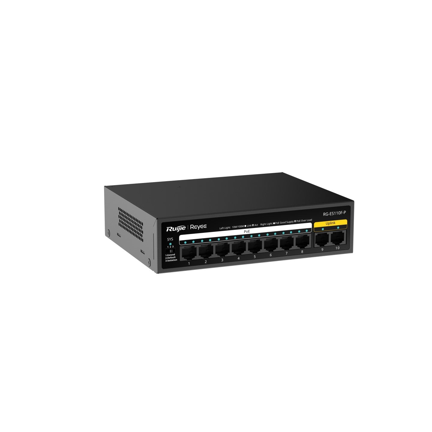 RG-ES110F-P 10-Port 10/100 Mbps Unmanaged PoE Switch – 8 PoE+ Ports, Fanless, Ideal for Surveillance & Small Office Networking