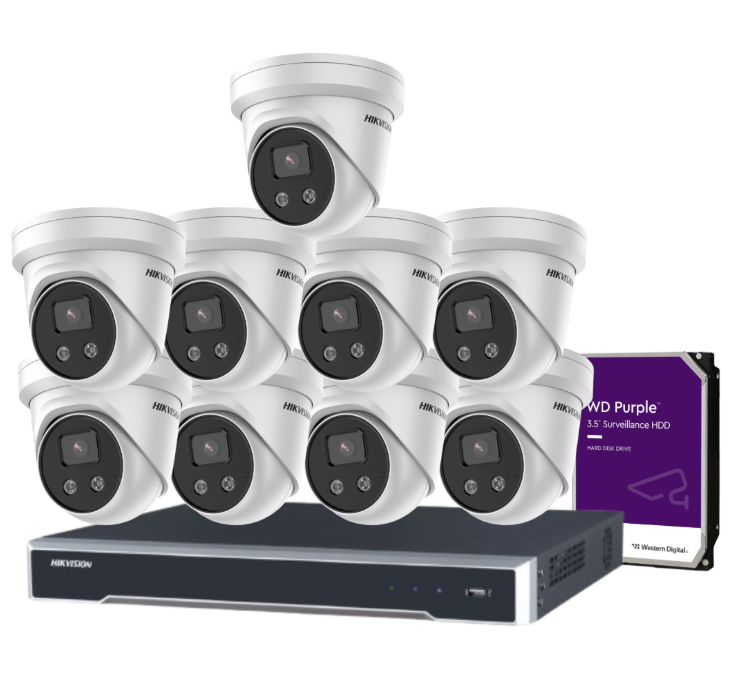 Hikvision 8MP CCTV Kit with 16 DS-2CD2386G2-I(U) Turret Cameras + 16-Channel PoE NVR DS-7616NI-M2/16P + HDD – AcuSense AI, Audio, 8K HDMI, IP67 Weatherproof