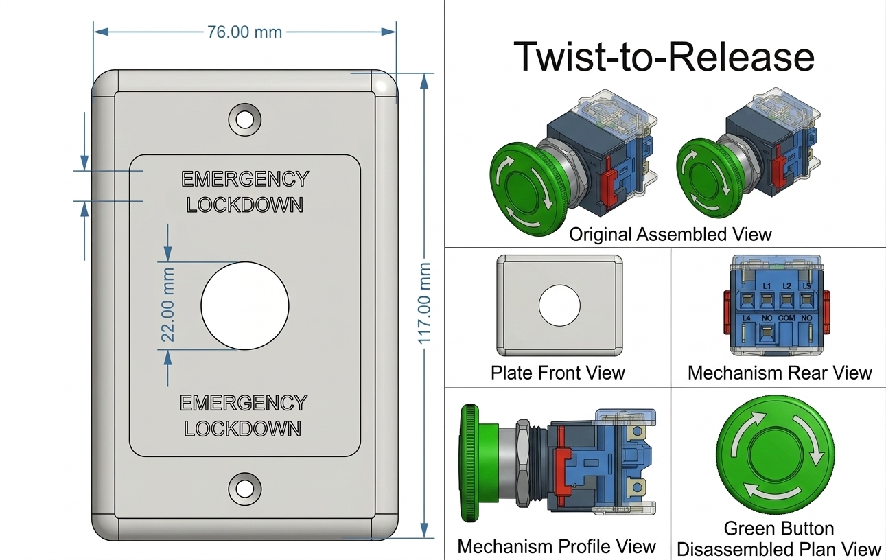 Emergency Lockdown Push Button Switch Plate – ARLSWP-46G/R | 40mm Emergency Stop Button | Green Lockdown Switch | Heavy Duty Panel Mount "Emergency Lockdown" Engraved on Standard Plastic Plate (Latching)