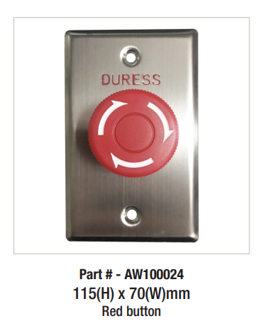 Red Switch plate, Wall, Labelled "Duress", Stainless steel, With red twist to release push button, N/O and N/C contacts