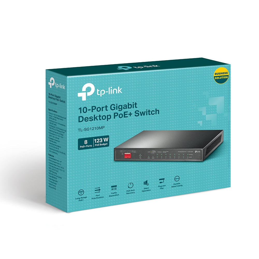 TP-Link TL-SG1210MP 10-Port Gigabit Desktop Switch with 8 PoE+ Ports, 123W Power Budget, Combo SFP, Extend & Isolation Modes – Silent Fanless Design for SMB and Surveillance