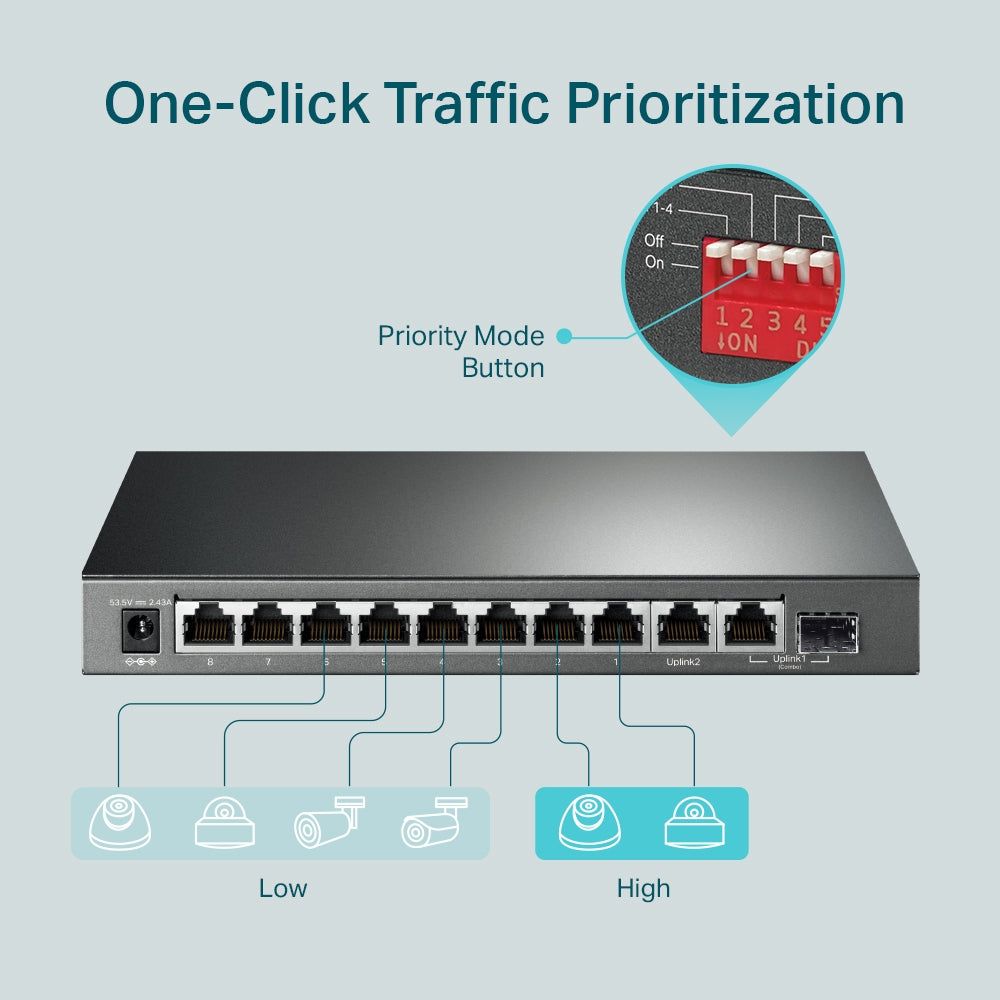 TP-Link TL-SG1210MP 10-Port Gigabit Desktop Switch with 8 PoE+ Ports, 123W Power Budget, Combo SFP, Extend & Isolation Modes – Silent Fanless Design for SMB and Surveillance