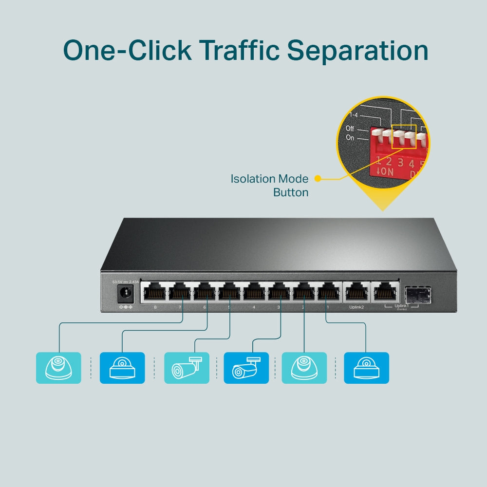 TP-Link TL-SG1210MP 10-Port Gigabit Desktop Switch with 8 PoE+ Ports, 123W Power Budget, Combo SFP, Extend & Isolation Modes – Silent Fanless Design for SMB and Surveillance